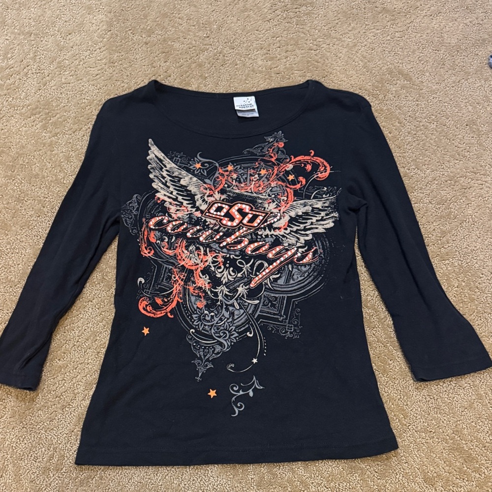 Oklahoma State Women's Black Rhinestone Long Sleeve Tee, Medium